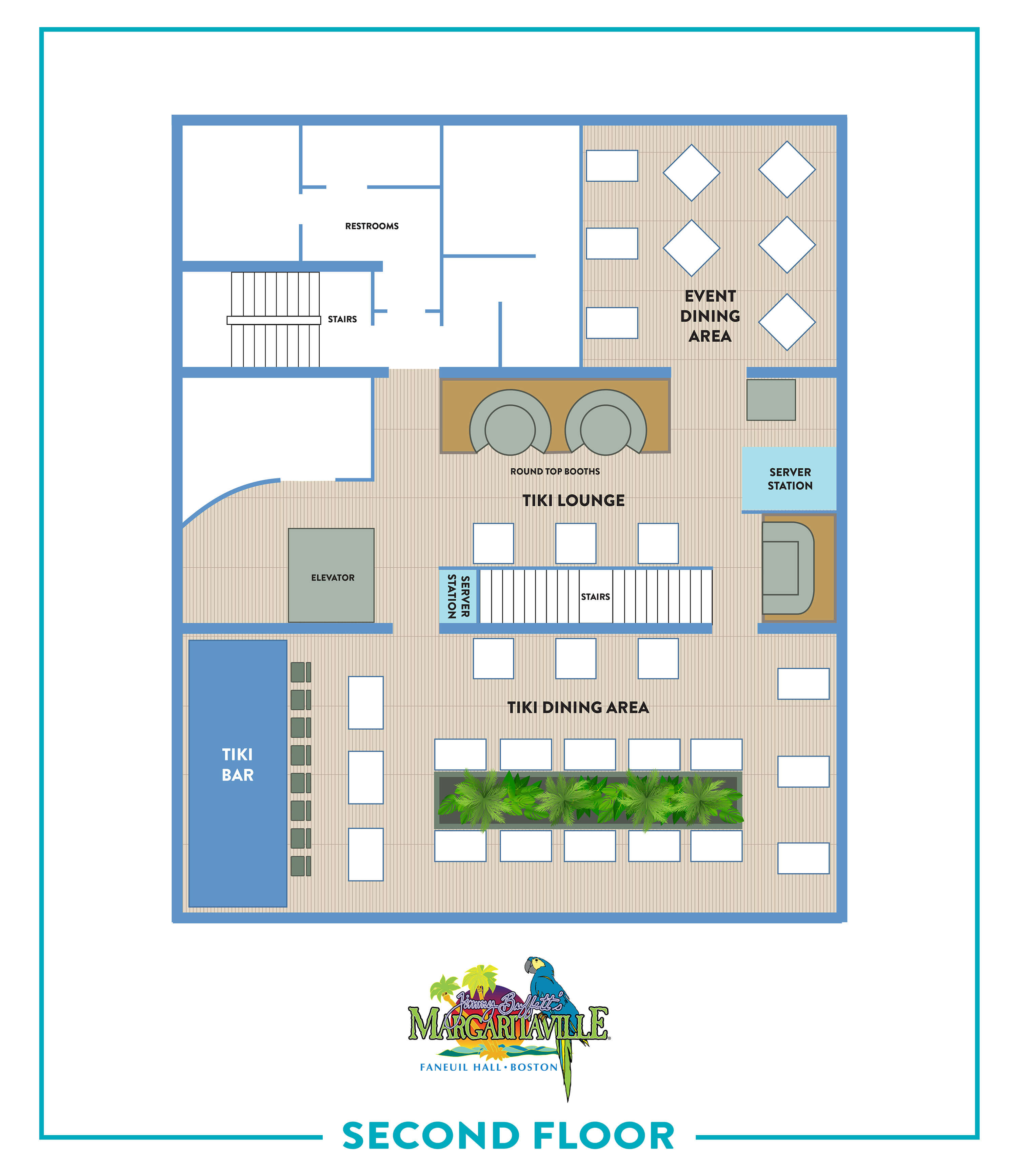 Overhead view of layout with Tiki lounge and Tiki bar